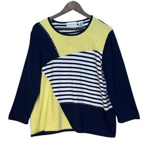 Alfred Dunner Womens XL Navy Blue Lime Striped Rhinestone Colorblock Sweater Top